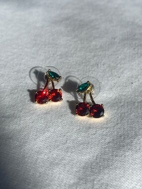 Gold Cherry Crystal Stud Earrings - Red & Green